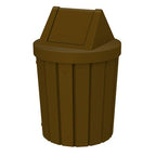 42 Gallon Round Slatted 100% Recycled Plastic Indoor or Outdoor Commercial Trash Can with Easy Access Swing Top Lid | Great for Schools and Businesses - Brown
