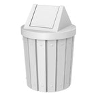 42 Gallon Round Slatted 100% Recycled Plastic Indoor or Outdoor Commercial Trash Can with Easy Access Swing Top Lid | Great for Schools and Businesses - White