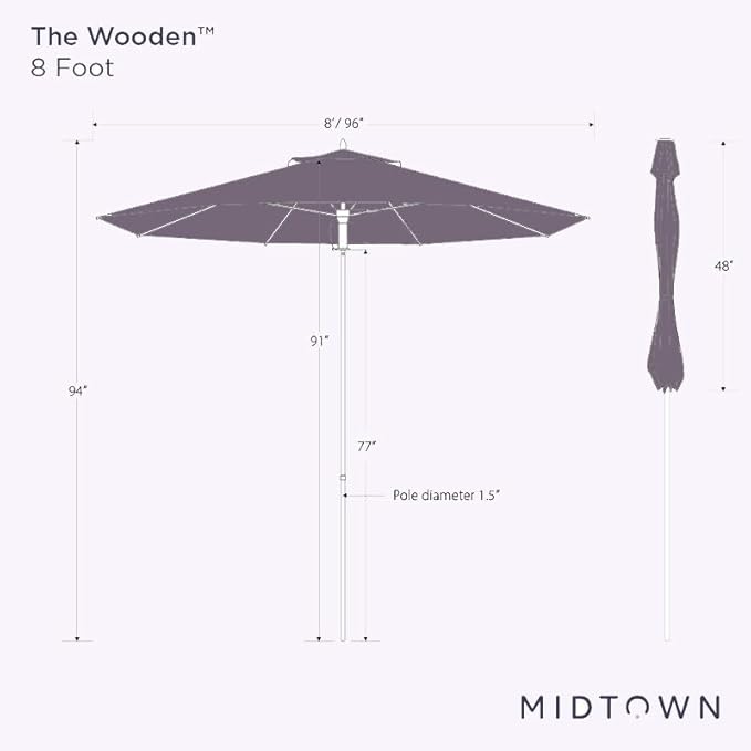 Midtown Umbrellas The Wooden 8 Feet Patio Umbrella With Terylast Terracotta (Dark Orange) Polyester Fabric - Aluminum Frame Market Umbrella For Backyard, Deck, Garden, Pool - Wooden Pole