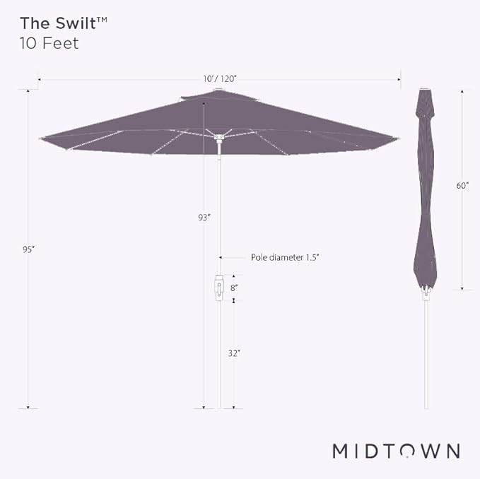 Midtown Umbrellas The Swilt 10 Feet Patio Umbrella in Terylast Midtown Purple Polyester Fabric - Fiberglass Ribs, Auto-Tilt Aluminum Frame For Backyard, Deck, Garden, Pool - White Pole