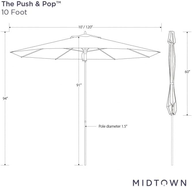 Midtown Umbrellas The Wooden 10 Feet Patio Umbrella With Terylast Navy Stripes (Navy/White Stripes) Polyester Fabric - Aluminum Frame Market Umbrella For Backyard, Deck, Garden, Pool - Wooden Pole