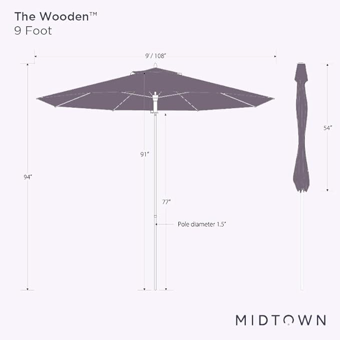 Midtown Umbrellas The Wooden 9 Feet Patio Umbrella With Terylast Ivory (White) Polyester Fabric - Aluminum Frame Market Umbrella For Backyard, Deck, Garden, Pool - Wooden Pole