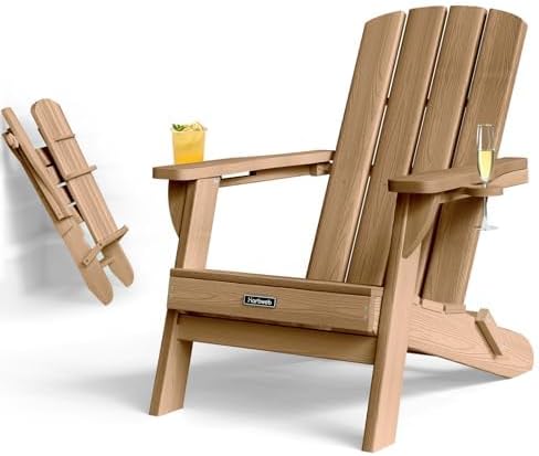 Folding Adirondack Chair with Wood Texture, HDPE All-Weather Fire Pit Chairs, Plastic Adirondack Chairs with 2 Cup Holder, Outdoor Lawn Chair for Patio Garden (Teak)