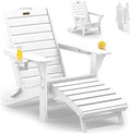 Folding Adirondack Chair with Retractable Ottoman Weather Resistant Fire Pit Chair Patio Chair with 2 Cup Holder Lawn Outdoor Lounge Chairs (White)