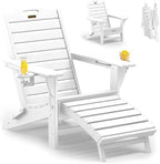 Folding Adirondack Chair with Retractable Ottoman Weather Resistant Fire Pit Chair Patio Chair with 2 Cup Holder Lawn Outdoor Lounge Chairs (White)