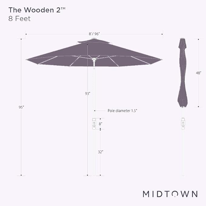 Midtown Umbrellas Wooden 2-8 Feet Outdoor Patio Umbrella, Terylast Navy & White Stripes Fabric, Aluminum Frame For Backyard Umbrella, Deck Umbrella, Garden Umbrella & Pool Umbrella - Wooden Pole