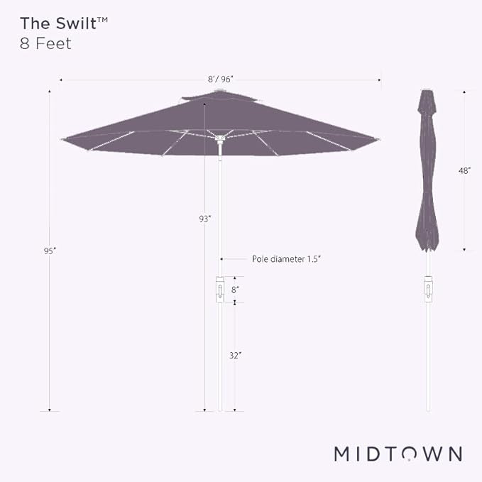 Midtown Umbrellas The Swilt 8 Feet Patio Umbrella in Sunbrella Terracotta Acrylic Fabric - Fiberglass Ribs, Auto-Tilt Aluminum Frame For Backyard, Deck, Garden, Pool - White Pole