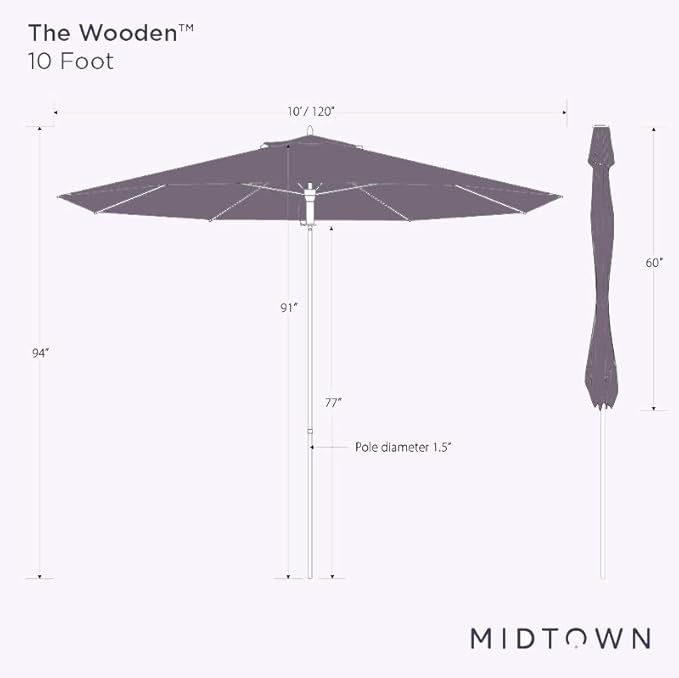 Midtown Umbrellas The Wooden 10 Feet Patio Umbrella With Terylast Cobalt (Blue) Polyester Fabric - Aluminum Frame Market Umbrella For Backyard, Deck, Garden, Pool - Wooden Pole