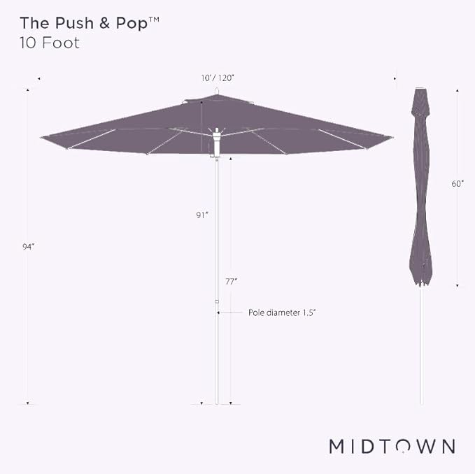 Midtown Umbrellas Push Pop Sunbrella Umbrella 10 Feet Large Outdoor Umbrella With Canvas Teal Acrylic Fabric - Deck Patio Umbrella, Backyard Umbrella, Garden Umbrella & Pool Umbrella - Black Pole