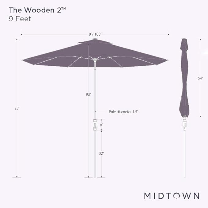 Midtown Umbrellas Wooden 2-9 Feet Outdoor Patio Umbrella, Terylast Dark Green Fabric, Aluminum Frame For Backyard Umbrella, Deck Umbrella, Garden Umbrella & Pool Umbrella - Wooden Pole