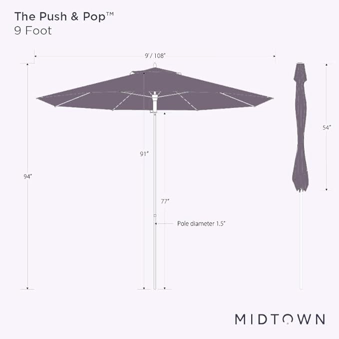 Midtown Umbrellas Push Pop Sunbrella Umbrella 9 Feet Outdoor Umbrella in Sunbrella Yellow Acrylic - Patio, Backyard, Garden, Picnic Table & Pool - Black Pole