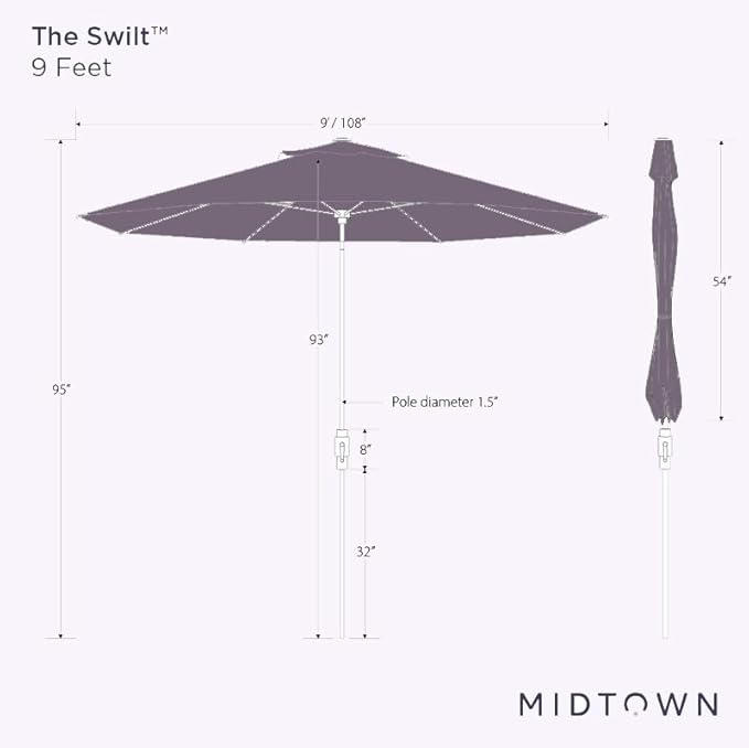 Midtown Umbrellas The Swilt 9 Feet Patio Umbrella in Terylast Navy (Navy Blue) Polyester Fabric - Fiberglass Ribs, Auto-Tilt Aluminum Frame For Backyard, Deck, Garden, Pool - White Pole
