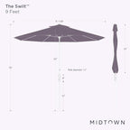 Midtown Umbrellas The Swilt 9 Feet Patio Umbrella in Sunbrella Black Acrylic Fabric - Fiberglass Ribs, Auto-Tilt Aluminum Frame For Backyard, Deck, Garden, Pool - White Pole