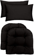 RSH DECOR: Tufted U-Shapes & Lumbars 2 of Each | 22" x 22” & 20" x 12" | Water-Resistant Spun Fabric | Outdoor Wicker Cushions & Support Pillows for Patio Furniture | Black