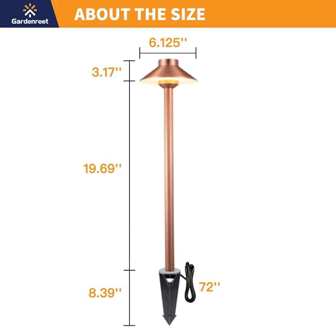 Gardenreet Brass Copper Low Voltage Path Lights, Landscape Pathway Light, 12V LED Outdoor Bronze Hat Top Walkway Lamp for Driveway Yard Garden with 3W 270LM 4000K G4 Bulb 4 Pack