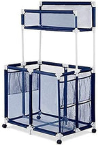 Essentially Yours Pool Storage Equipment Organizer Holder - Noodles, Toys, Balls, Floats Mesh Rolling Double Decker Bin, Large with Noodle Holder, (35.3" W x 23" L x 59.4" H), Blue/White Style 561935