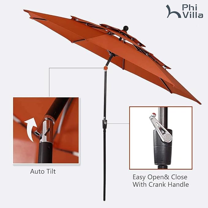 PHI VILLA 5 Pieces Patio Dining Set for 4 with 10ft Patio Umbrella, Metal Outdoor Stackable Wrought Iron Chair Set of 4 & 37" Metal Dining Table,3 Tier Vented Market Table Orange Red Umbrella