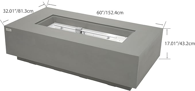 AMS Creations | Madison 60" Bundle Rectangular Propane Gas Outdoor Fire Pit Table | Light Gray Concrete GFRC | Smooth Texture or Surface | Electronic Ignition | Outside Backyard Fireplace