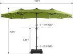 GREEN PARTY 15 ft Rectangle Patio Umbrella with Solar Lights and Base Included, Double-Sided Market Table Umbrella with Crank, Large Outdoor Umbrellas for Patio Poolside Garden Backyard, Lime Green