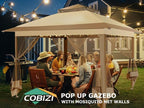 COBIZI Pop Up Gazebo 11x11 One-Push Canopy Tent, Carpas Para Patio, Outdoor Canopy Shelter with Double Roof Ventiation 121 Square Feet of Shade for Lawn, Garden, Backyard and Deck, Khaki(Upgraded 2.0)
