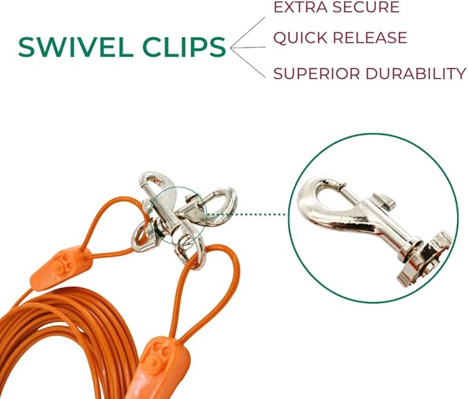 IntelliLeash 100FT Tie-Out Cables for Large Dogs - Strong, Safe, and Durable Dog Tie-Outs for up to 250 Pounds - Weather and Wear Resistant Galvanized Aircraft Cable for Outside Use