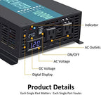 WZRELB 1000W 24V 120V Pure Sine Wave Power Inverter with 2 AC Outlets,Car Inverter