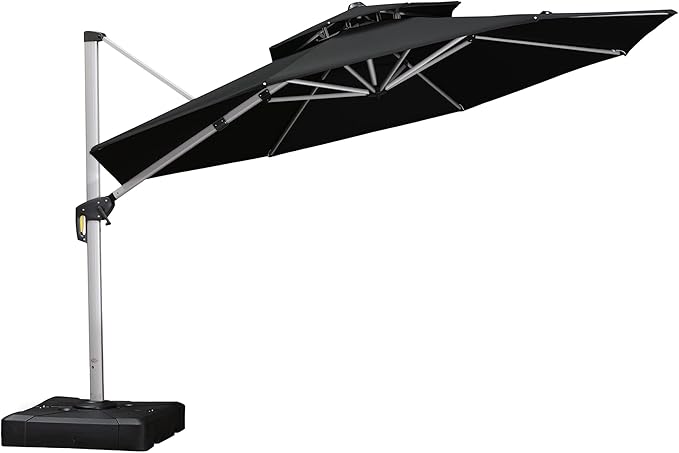 PURPLE LEAF 12 Feet Double Top Round Deluxe Patio Umbrella Offset Hanging Umbrella Outdoor Market Umbrella Garden Umbrella, Black