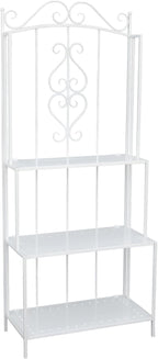 White 3-Layer Floral Plant Stand, French Style Tiered Shelf for Succulents Herbs, Ornate Iron Plant Display for Living Room Garden Decor