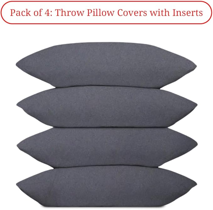Covers & All Premium Square Throw Pillow Inserts with Covers Set of 4, 12 x 20 Inches Charcoal Gray, Decorative Cushions for Couch Sofa Home Decor Office Travel UV Resistant Waterproof Soft Cushions