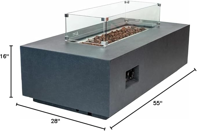AMS Creations | Chelsea 55 inches Rectangular Propane Gas Outdoor Fire Pit Table | Concrete GFRC Fire Pit Table | with SS Burner, Tank Cover, Canvas Cover, SS Lid, Lava Rock, and Wind Guard Included