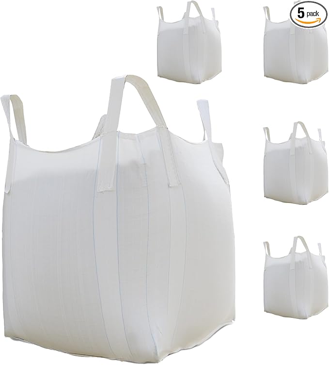 FIBC Bulk Bag - 2650 lbs Capacity, 39x39x39 inches, Polypropylene (PP), Open Top, White, Rectangular, Reusable, 5-Pack