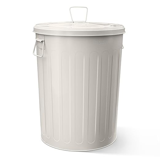 Plexon Large Metal Trash Can with Lid 20 Gallon, Decorative Outdoor Trash Can, Heavy Duty Galvanized Metal Bucket with Lid for Kitchen Garage Farmhouse, Beige