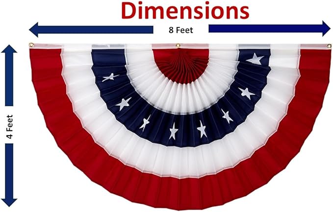 American Pleated Fan Flag Bunting. 4 x 8 ft Embroidered Stars & Sewn Stripes USA Indoor/Outdoor Nylon Bunting Banner. Perfect for July 4th and America 250 events. 100% Made in America by Old Glory Bunting