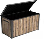 Stylish Indoor/Outdoor Storage Deck Box,Resin,Large Capacity, Weather-Resistant, Lockable lid and Side handles. (Rust Wood Brown, 170 Gallon)