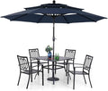 PHI VILLA Patio Dining Set 5 pcs with Umbrella(Navy Blue),1 Square Metal Table& 4 Metal Outdoor Stackable Chairs and 1 10ft 3 Tier Auto-tilt Umbrella (Base Not Included)