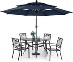 PHI VILLA Patio Dining Set 5 pcs with Umbrella(Navy Blue),1 Square Metal Table& 4 Metal Outdoor Stackable Chairs and 1 10ft 3 Tier Auto-tilt Umbrella (Base Not Included)