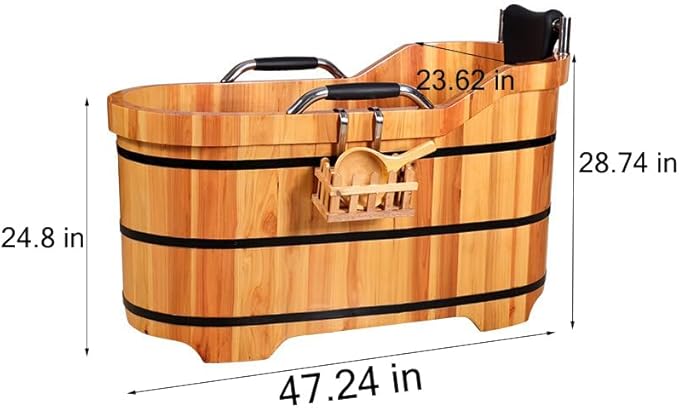 Wooden Hot Tub Bathroom Freestanding Soaking Non-Slip Bathtub Thickened Handrail Style Healthy Medicinal Bathtub For Both Adult And Child Family Members (Armrest with Cover Premium Configuration)