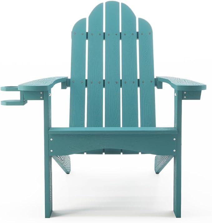LUE BONA HDPS Adirondack Chairs Set of 4, Fire Pit Outdoor Chair Weather Resistant with Cup Holder, Modern Plastic Chair Plastic for Patio, Deck, Proch, 350LBS, Blue Turquoise