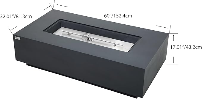 AMS Creations | Madison 60" Bundle Rectangular Natural Gas Outdoor Fire Pit Table | Dark Gray Concrete GFRC | Smooth Texture or Surface | Electronic Ignition | Outside Backyard Fireplace