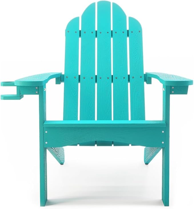 LUE BONA HDPS Adirondack Chairs Set of 2, Fire Pit Outdoor Chair Weather Resistant with Cup Holder, Modern Plastic Chair Plastic for Patio, Deck, Proch, 350LBS, Aruba Blue