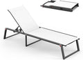 Aluminum Chaise Lounge Chair Outdoor, Foldable & Assembly Free Patio Pool Lounge Chairs 5-Position Recliner for Outside Poolside, Fully Grounded Legs Sun Lounger for Beach, Yard, White
