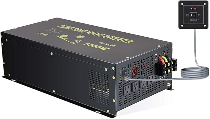 WZRELB 6000W 24V 120V Pure Sine Wave Power Inverter 4 AC Outlets Wired Remote Control,RV, Camping