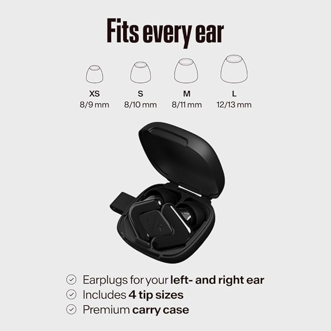 Alpine Tune Earplugs, Concert Ear Plugs for Noise Reduction, High Fidelity Music Quality, 19dB Hearing Protection with Crystal Clear Sound, Incl. 4 Sizes, For Parties, Raves, Festivals & Clubs, Black