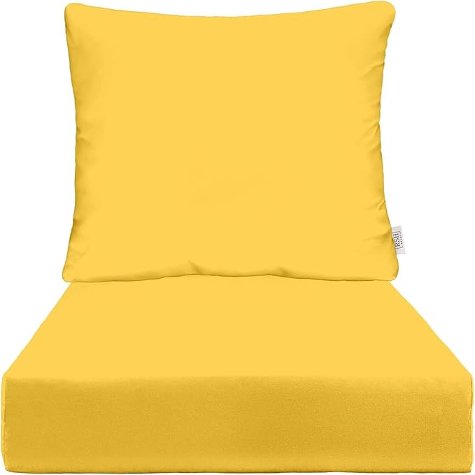 RSH DECOR Deep Seating Cushion with Pillow Back | 23” x 25” x 5" Seat | Water and Fade-Resistant Spun Fabric | Made in USA | Outdoor Chair Cushion Set for Patio Furniture (Yellow)
