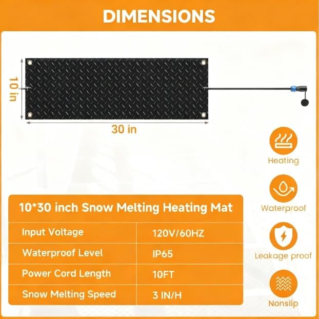 Snow Melting Mats Outdoor for Stairs,10 x 30 in 2 Pack No-Slip Heated Outdoor Mats with 10 ft Power Cord, 3 in/h Speed Snow and Ice Melting Pads for Winter Outdoor Stairs, Steps Snow Removal