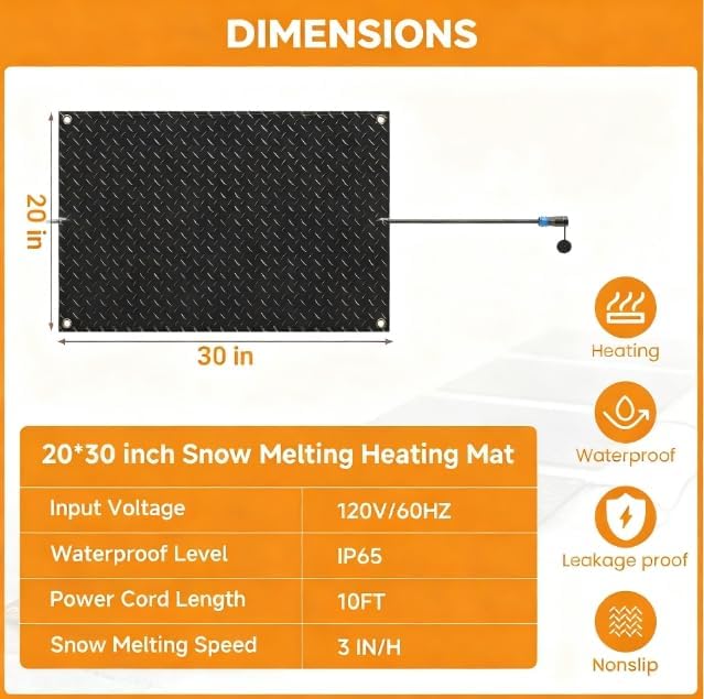 Snow Melting Mats Outdoor for Walkways Decks and Sidewalks, 20 x 30 in No-Slip Heated Outdoor Mats with 10 ft Power Cord, 3 in/h Speed Snow and Ice Melting Pads for Winter Backyards Snow Removal