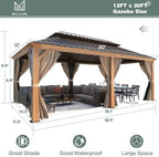 MELLCOM 12' x 20' Hardtop Gazebo, Wood Grain Aluminum Frame Outdoor Gazebo with Galvanized Steel Double Roof, Permanent Metal Pavilion with Curtains and Nettings for Patios, Gardens and Lawns