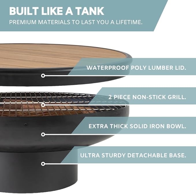 DENKOE 32 Inch Round Fire Pit Table with Fire Pit Grill, Extra Thick, Heavy Duty Fire Bowl, Deep Outdoor Firepit, Wood Burning Firepits for Outside Patio, Backyard Fire Pits, Large BBQ Pit