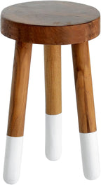 Teak 11.8" Round Dip Dyed Teak Stool | Wood Accent Side Table | Wood Plant Stand (20" Tall White)