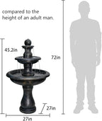 SunJet 45.2" High 3-Tiers Modern Concrete Outdoor Water Fountain - Round Large Outdoor Fountains and Waterfalls for Garden, Patio, Yard, and Deck Decor, Featuring Natural Stone Look (Black, 45.2inch)